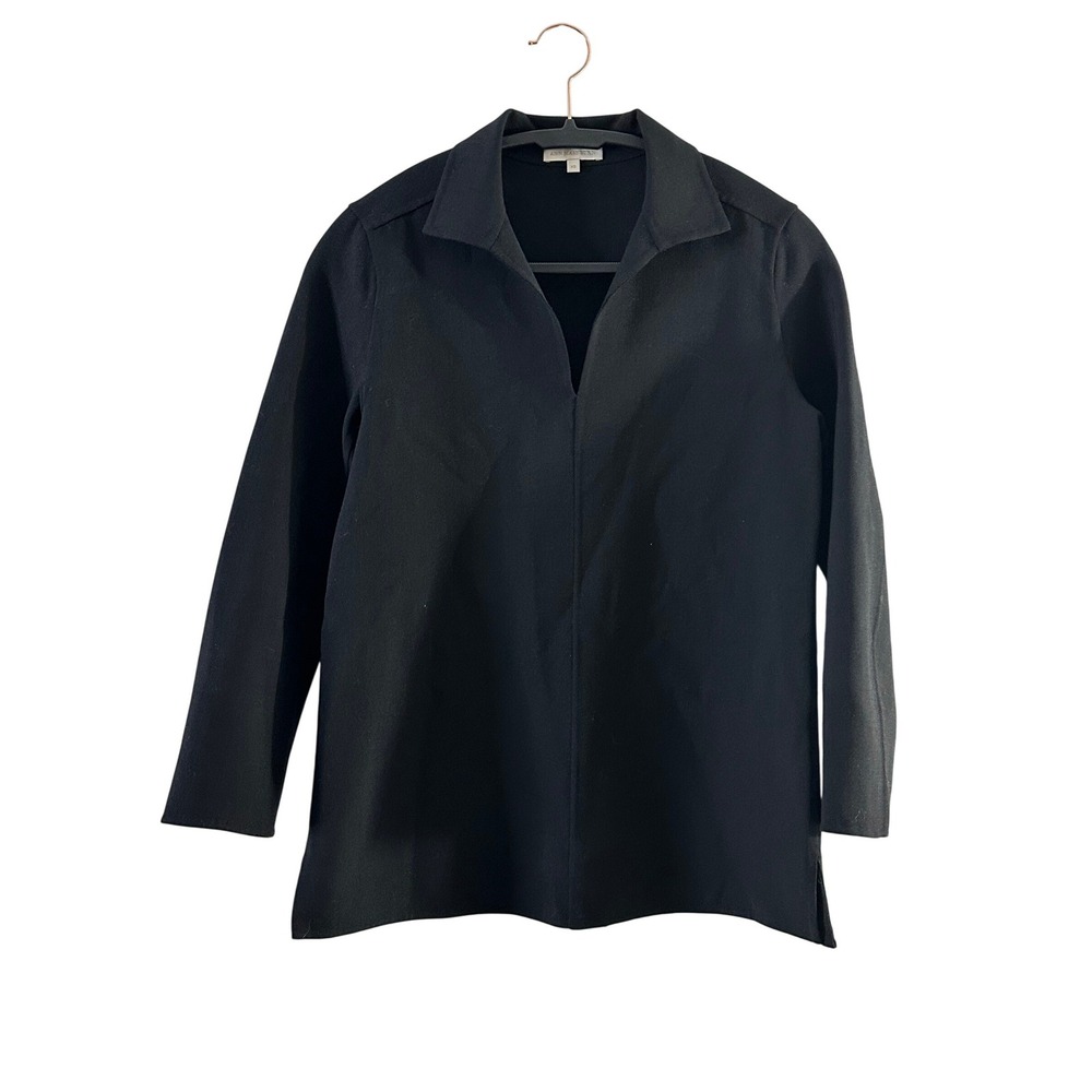 Ann Mashburn Black V-Neck Long‎ Sleeve Tunic Top XS Minimalist Side Slit